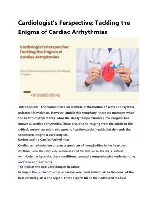 Cardiologist's Perspective: Tackling the  Enigma of Cardiac Arrhythmias