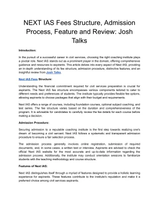 NEXT IAS Fees Structure, Admission Process, Feature and Review: Josh Talks