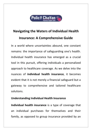 Navigating the Waters of Individual Health Insurance: A Comprehensive Guide