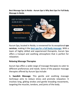 Best Massage Spa In Noida - Aurum Spa Is Why Best Spa For Full Body Massage In Noida