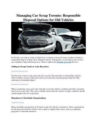 Managing Car Scrap Toronto: Responsible Disposal Options for Old Vehicles