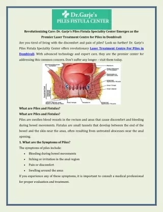 Revolutionizing Care Dr. Garje's Piles Fistula Speciality Center Emerges as the Premier Laser Treatment Centre for Piles