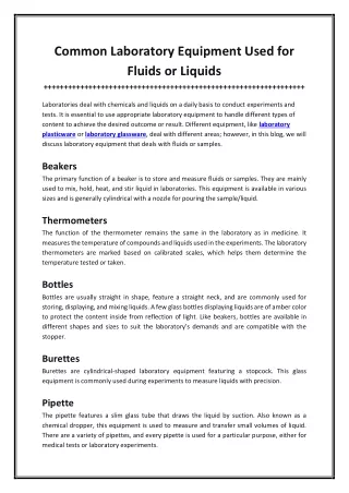 Common Laboratory Equipment Used for Fluids or Liquids