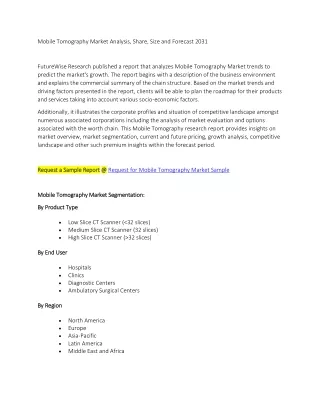 Mobile Tomography Market Analysis, Share, Size and Forecast 2031