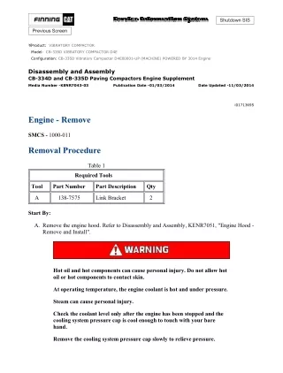 Caterpillar Cat CB-335D Vibratory Compactor (Prefix D4E) Service Repair Manual (D4E00001 and up)