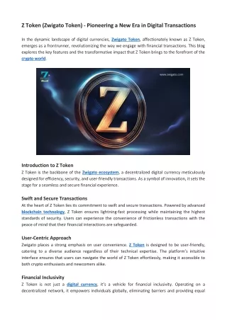 Z Token (Zwigato Token) - Pioneering a New Era in Digital Transactions