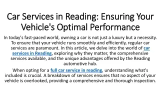 Car Services in Reading Ensuring Your Vehicle's Optimal Performance