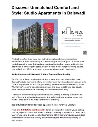 Discover Unmatched Comfort and Style Studio Apartments in Balewadi