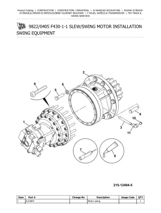 JCB JS160W Wheeled Excavator Parts Catalogue Manual (Serial Number 01789429-01789529)