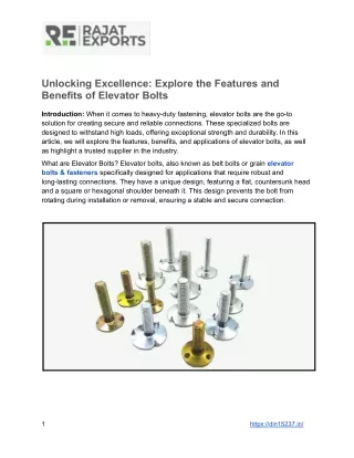 Elevator Bolts Find Application in a Wide Range