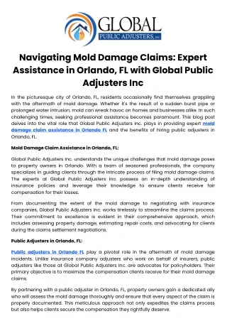 Navigating Mold Damage Claims Expert Assistance in Orlando, FL with Global Public Adjusters Inc