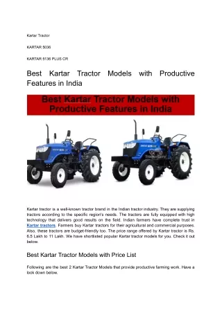 Best Kartar Tractor Models with Productive Features in India