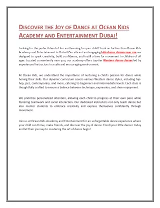 Discover the Joy of Dance at Ocean Kids Academy and Entertainment Dubai