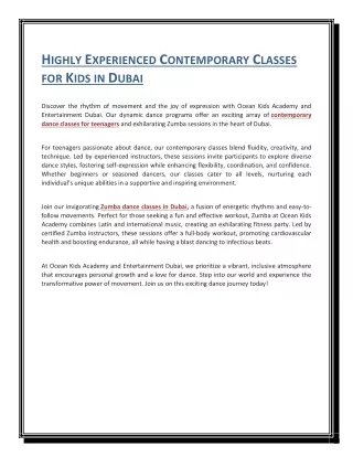 Highly Experienced Contemporary Classes for Kids in Dubai