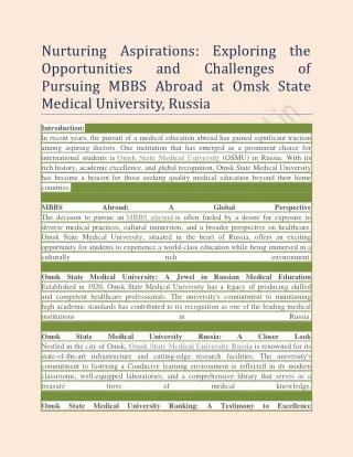 Nurturing Aspirations Exploring the Opportunities and Challenges of Pursuing MBBS Abroad at Omsk State Medical Universit