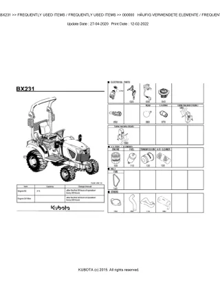 Kubota BX231 Tractor Parts Catalogue Manual (Publishing ID BKIDK5185)