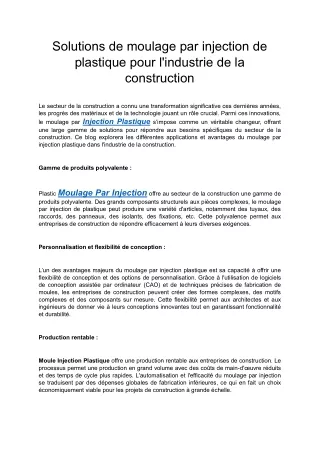 Solutions de moulage par injection de plastique pour l'industrie de la construction