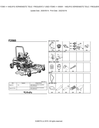 Kubota F2560 Front Mower Parts Catalogue Manual (Publishing ID BKIDA0129)