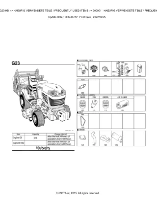 Kubota G23-HD Garden Tractor Parts Catalogue Manual (Publishing ID BKIDK0658)