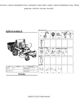 Kubota GZD15-IIHD Zero Turn Mower Parts Catalogue Manual (Publishing ID BKIDK0489)