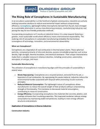 The Rising Role of Cenospheres in Sustainable Manufacturing