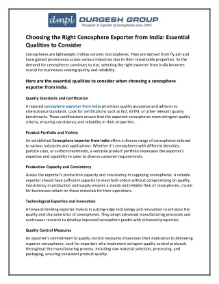 Choosing the Right Cenosphere Exporter from India: Essential Qualities