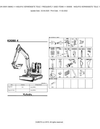 Kubota KX080-4 (SN 30001-36690) Excavator Parts Catalogue Manual (Publishing ID BKIDK5032)