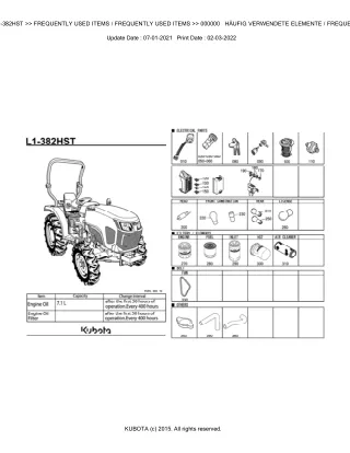 Kubota L1-382HST Tractor Parts Catalogue Manual (Publishing ID BKIDK5390)