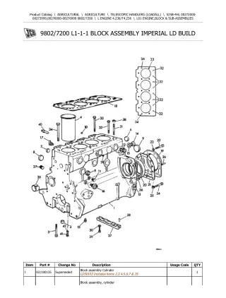 JCB 525B-4HL Telescopic Handlers (Loadall) Parts Catalogue Manual (Serial Number 00276000-00276999)