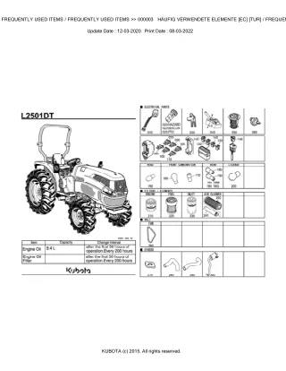 Kubota L2501DT Tractor Parts Catalogue Manual (Publishing ID BKIDK5230)