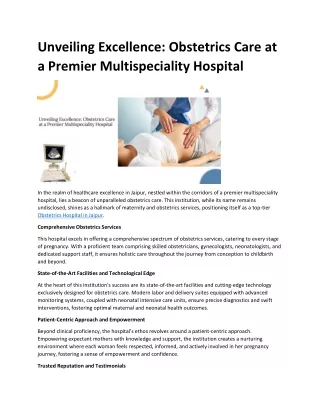 Unveiling Excellence: Obstetrics Care at a Premier Multispeciality Hospital