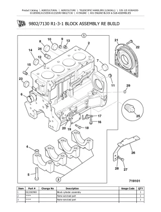 JCB 535-125 Telescopic Handlers (Loadall) Parts Catalogue Manual (Serial Number 01064203-01185999)