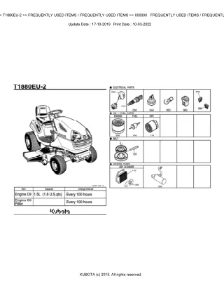 Kubota T1880EU-2 Lawn Tractor Parts Catalogue Manual (Publishing ID BKIDA5078)