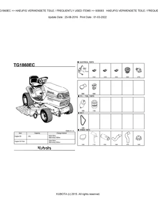 Kubota TG1860EC Garden Tractor Parts Catalogue Manual (Publishing ID BKIDA0120)