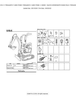 Kubota U10-5 Excavator Parts Catalogue Manual (Publishing ID BKIDA5207)