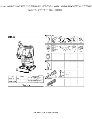 Kubota U15-3 Excavator Parts Catalogue Manual (Publishing ID BKIDA0204)