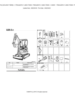 Kubota U25-3 ALPHA (SN 20001-59999) Excavator Parts Catalogue Manual (Publishing ID BKIDA0212)