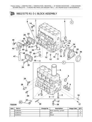 JCB JS180 TRACKED EXCAVATOR Parts Catalogue Manual (Serial Number 00702001-00703849)