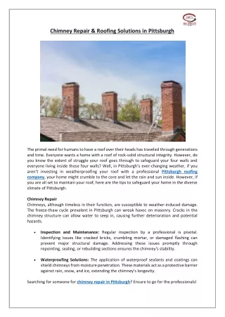 Chimney Repair & Roofing Solutions in Pittsburgh