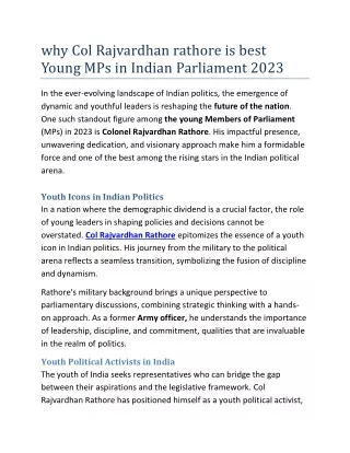 why Col Rajvardhan rathore is best Young MPs in Indian Parliament 2023