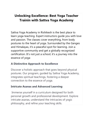 Unlocking Excellence: Best Yoga Teacher Training with Sattva Yoga Academy
