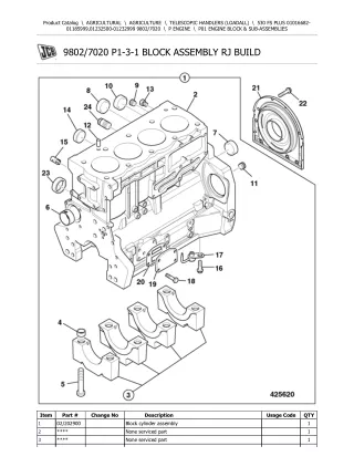 JCB 530 FS PLUS Telescopic Handlers (Loadall) Parts Catalogue Manual (Serial Number 01232500-01232999)