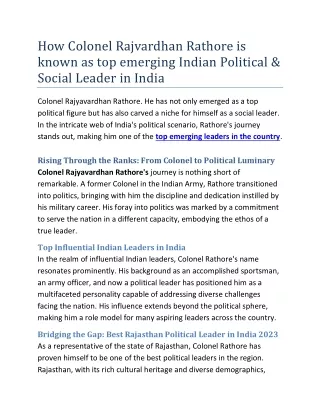 How colonel rajvardhan rathore is known as top emerging indian political & social leader in india