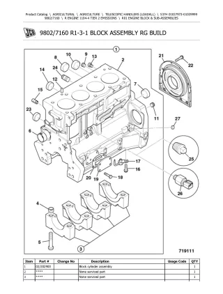 JCB 537H Telescopic Handlers (Loadall) Parts Catalogue Manual (Serial Number 01037973-01039999)