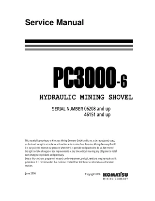 Komatsu PC3000-6 Hydraulic Mining Shovel Service Repair Manual (SN 06208 and up)