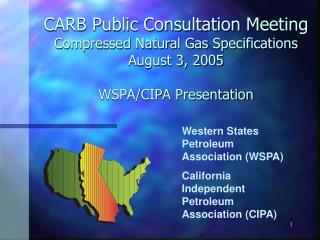 CARB Public Consultation Meeting Compressed Natural Gas Specifications August 3, 2005 WSPA/CIPA Presentation