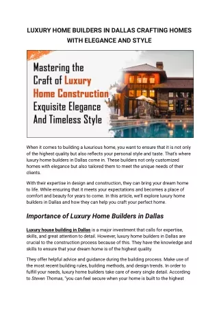 The Pinnacle of Luxury Home Builders in Dallas