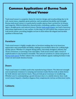 Common Applications of Burma Teak Wood Veneer