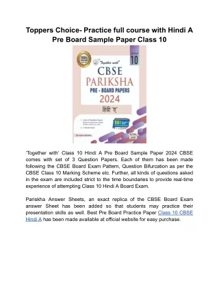 Best Board Exam Practice with Class 10 Hindi A Pre Board Sample Paper 2024 CBSE