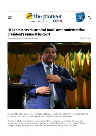 FIFA threatens to suspend Brazil over confederation president's removal by court